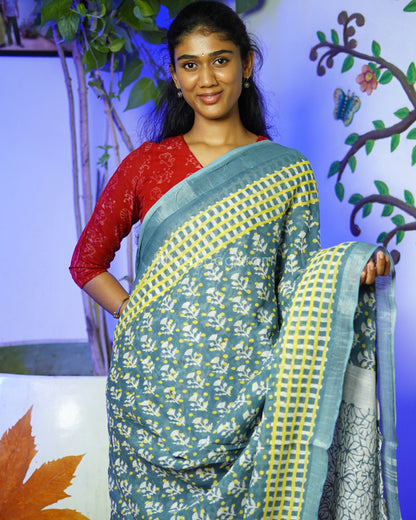 Blue Grey Floral Blockprint Linen - PD264