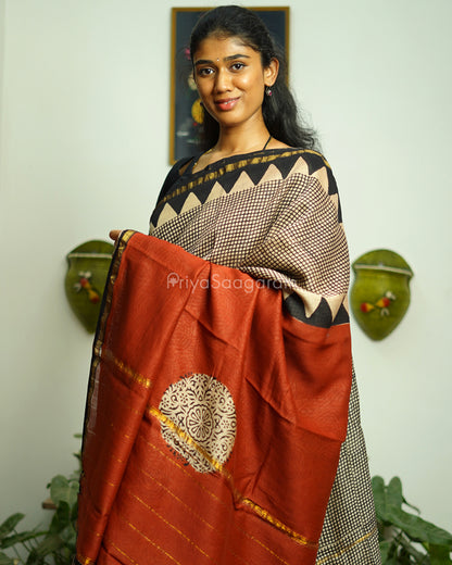Black Checked Bagru Print Chanderi - PD363
