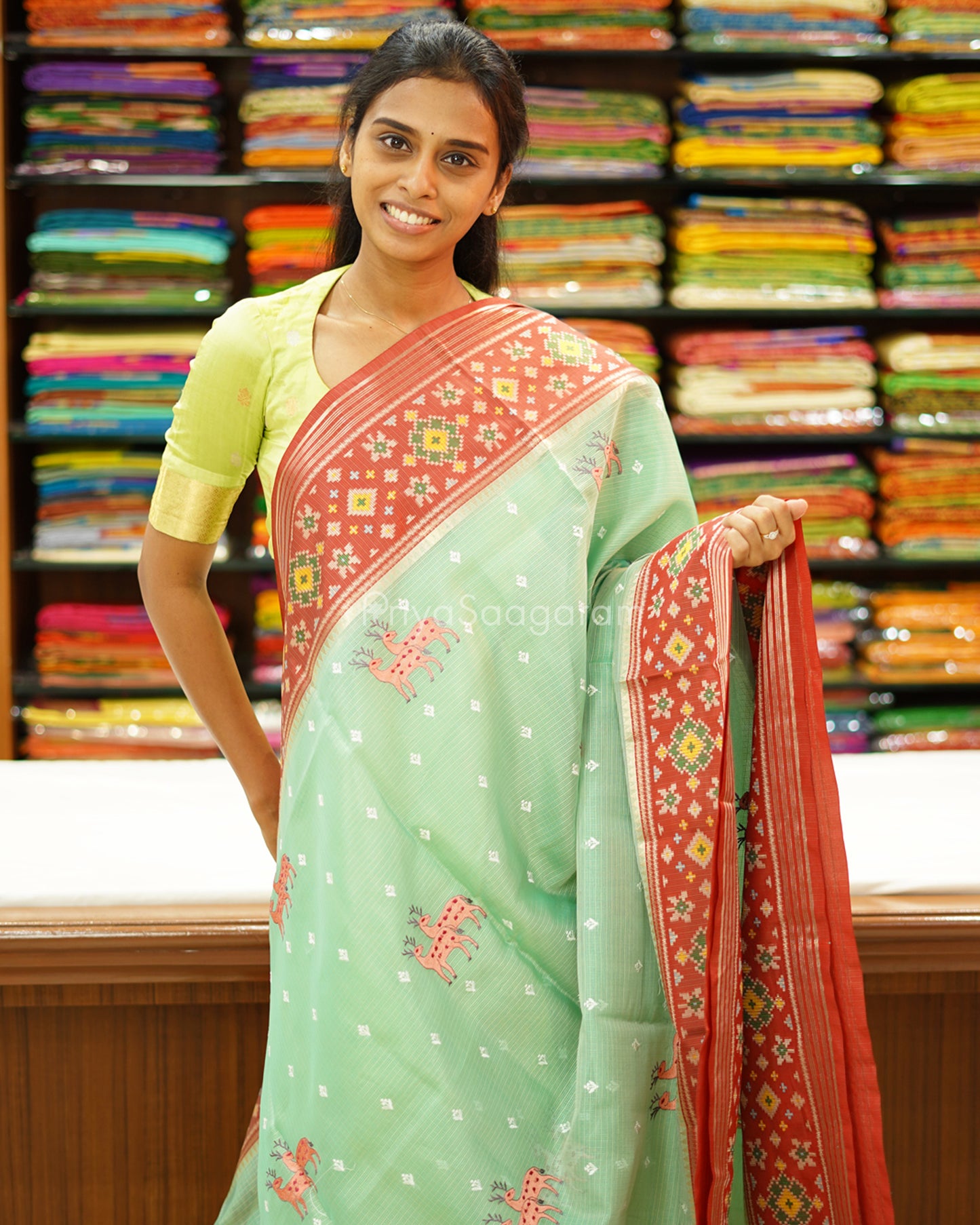 Sea Green Wildlife Embroidery Silk Kota - PD742