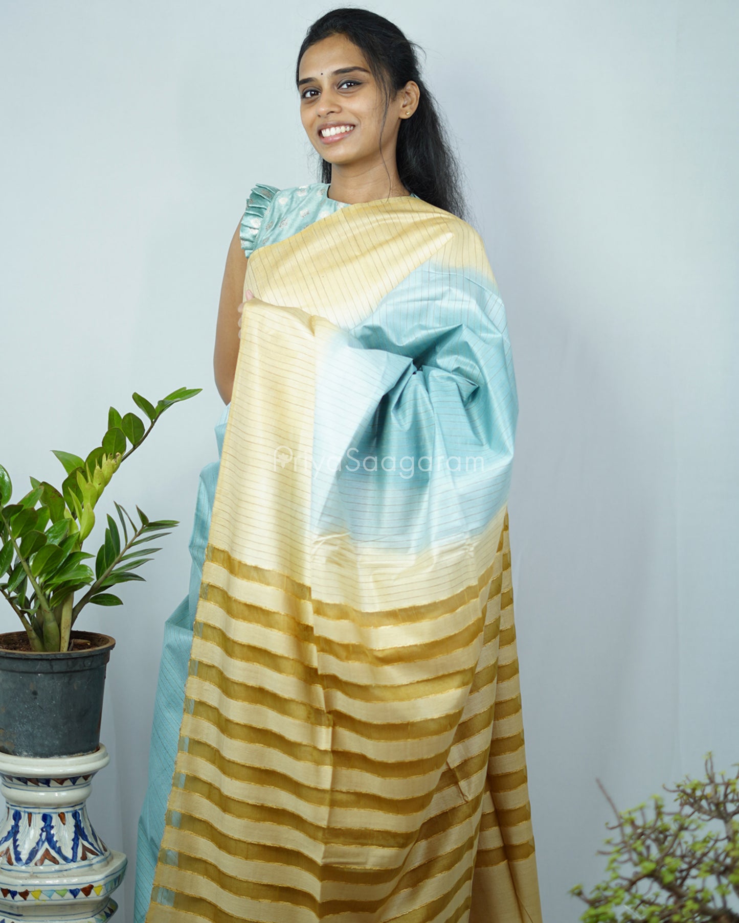 Green Mustard Tussar Organza - PD1222