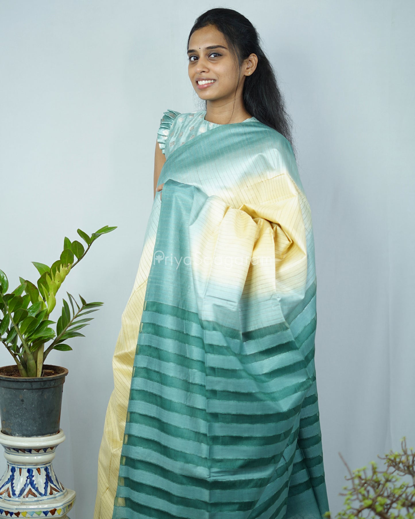 Yellow Green Tussar Organza - PD1217