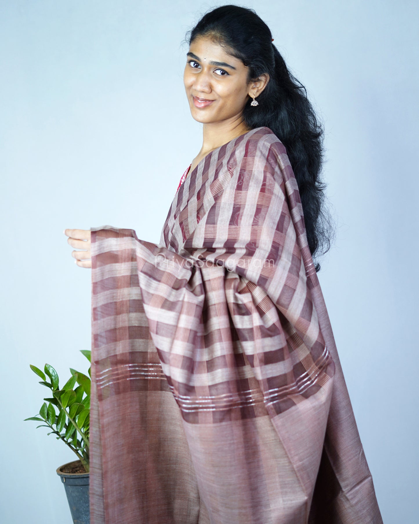Chocolate Brown Checked Tussar Organza - PD1203