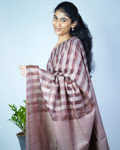 Chocolate Brown Checked Tussar Organza - PD1203