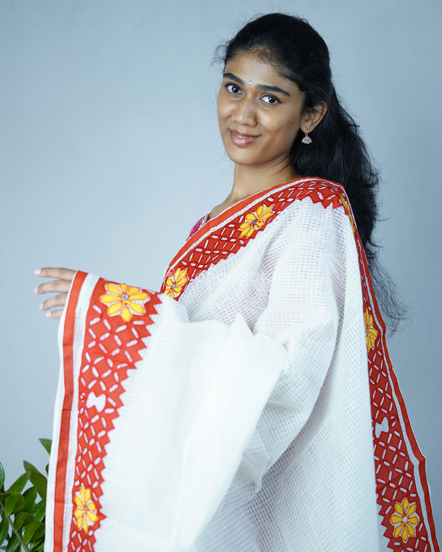 White Red Applique Cotton Kota - PD1419