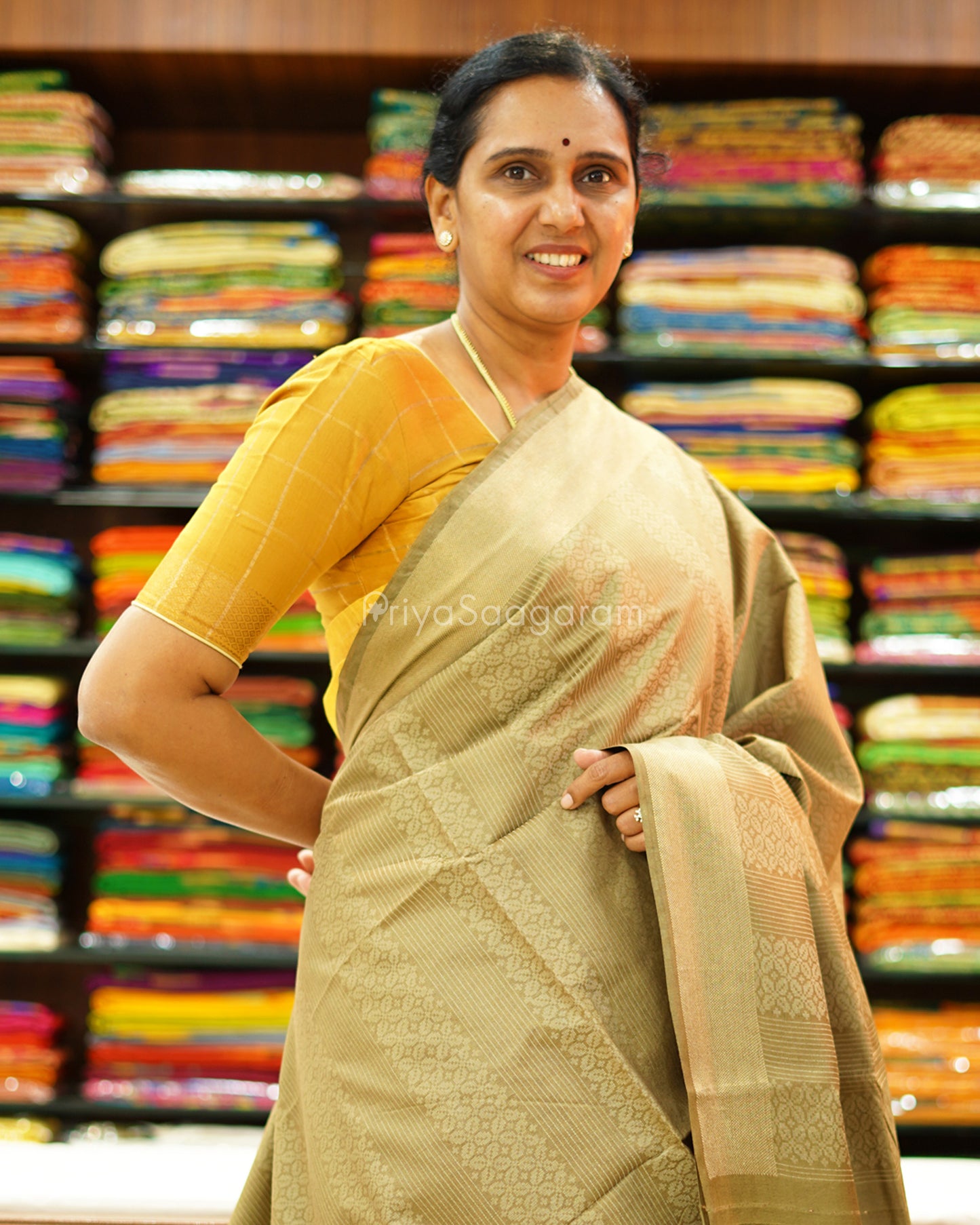 Khaki Mustard Printed Tussar - PD1331