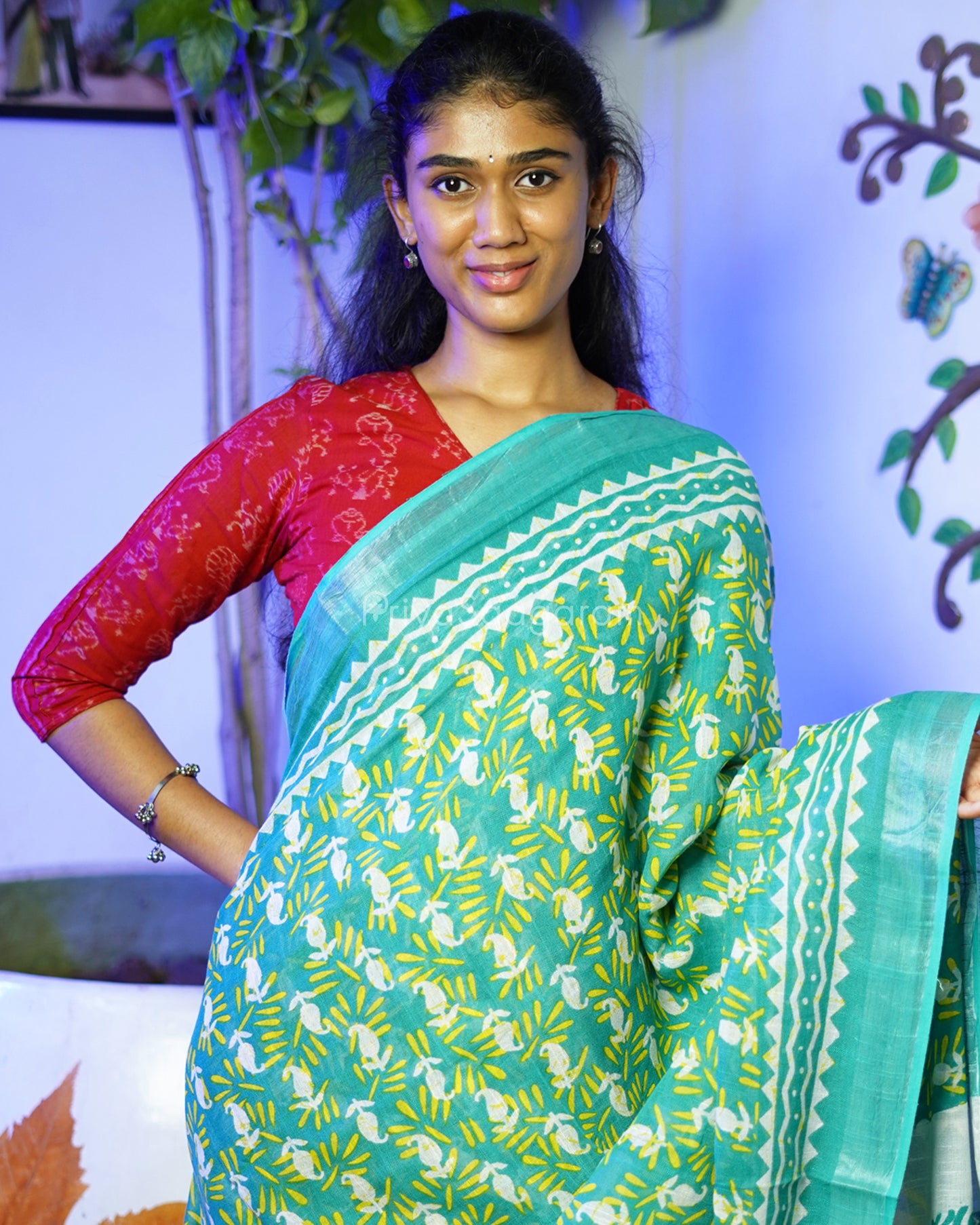 Blue Green Floral Blockprint Linen - PD267