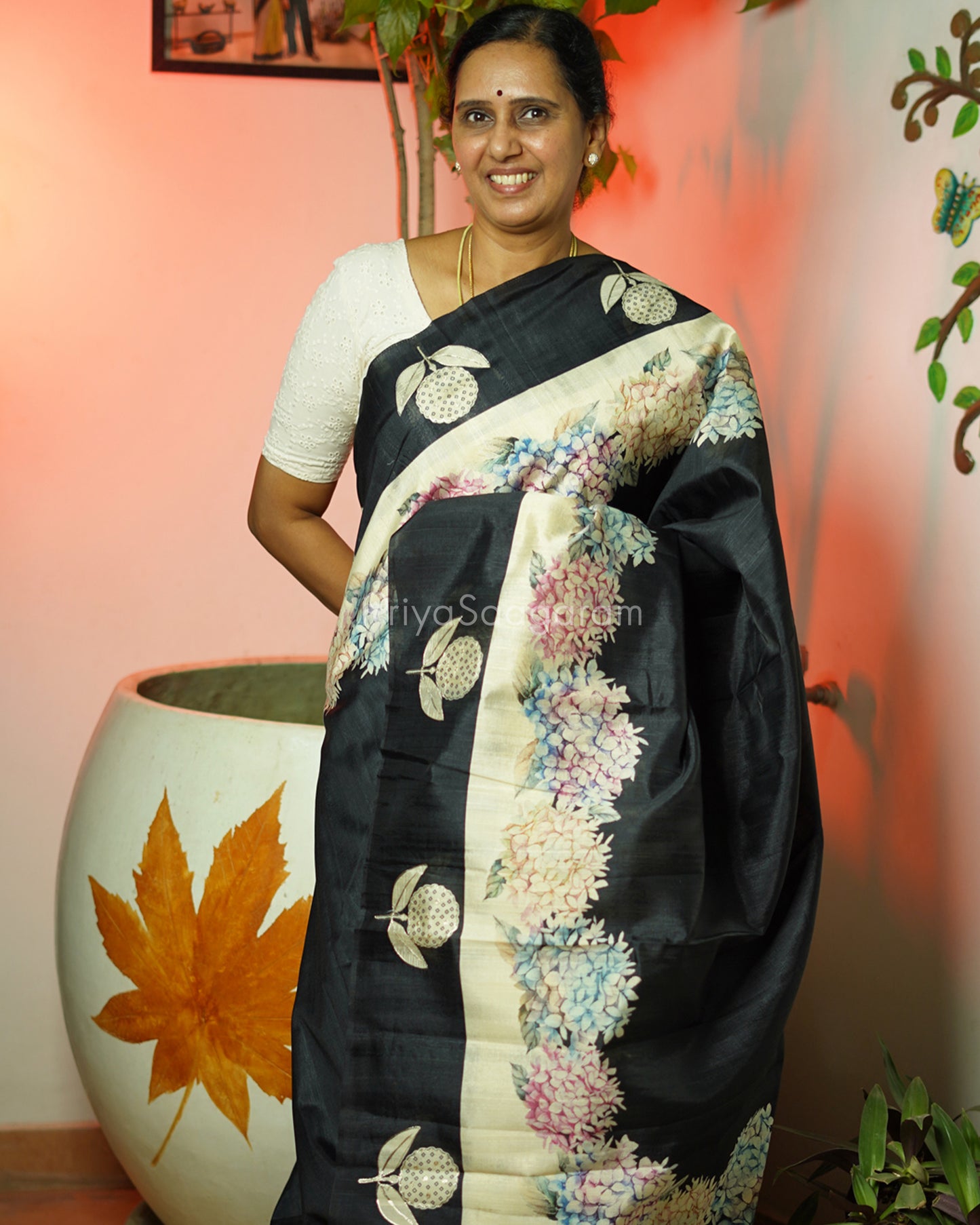 Black Floral Embroidery Tussar - PD803