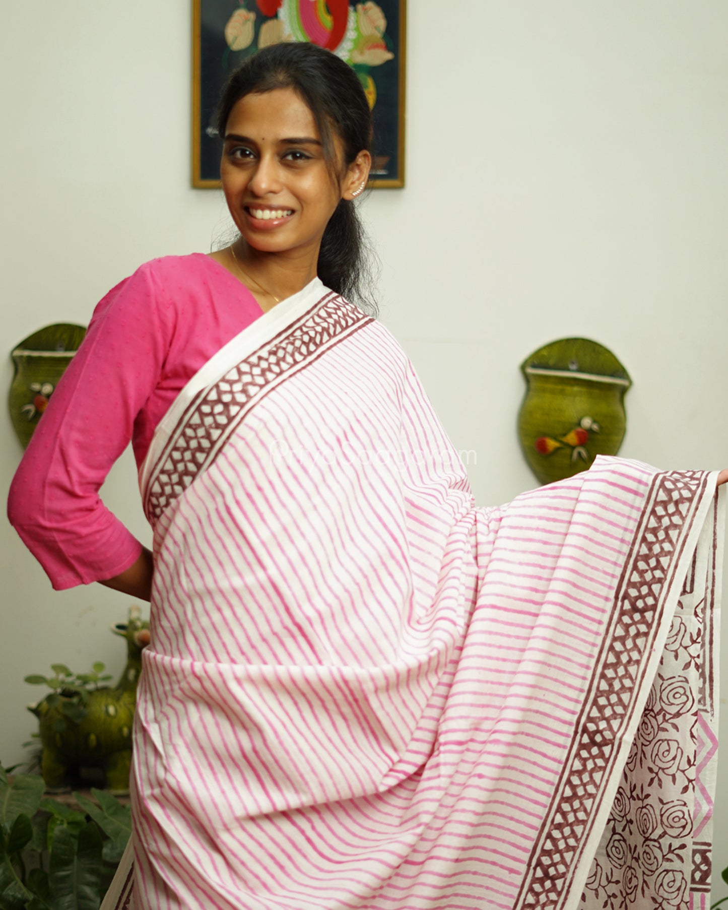 Pink Striped Blockprint Pure Cotton - PD382