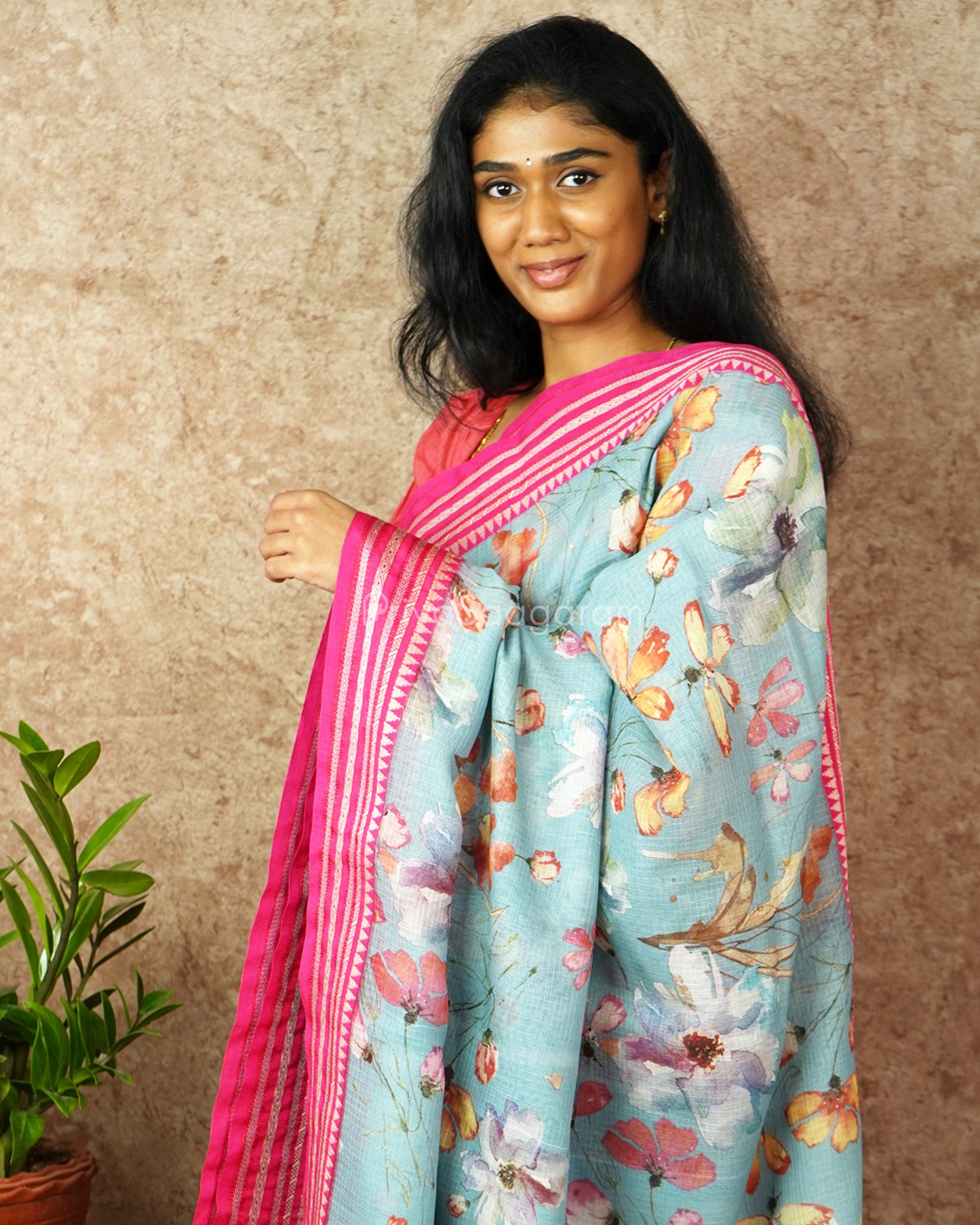 Blue Pink Silk Cotton Kota - PD834