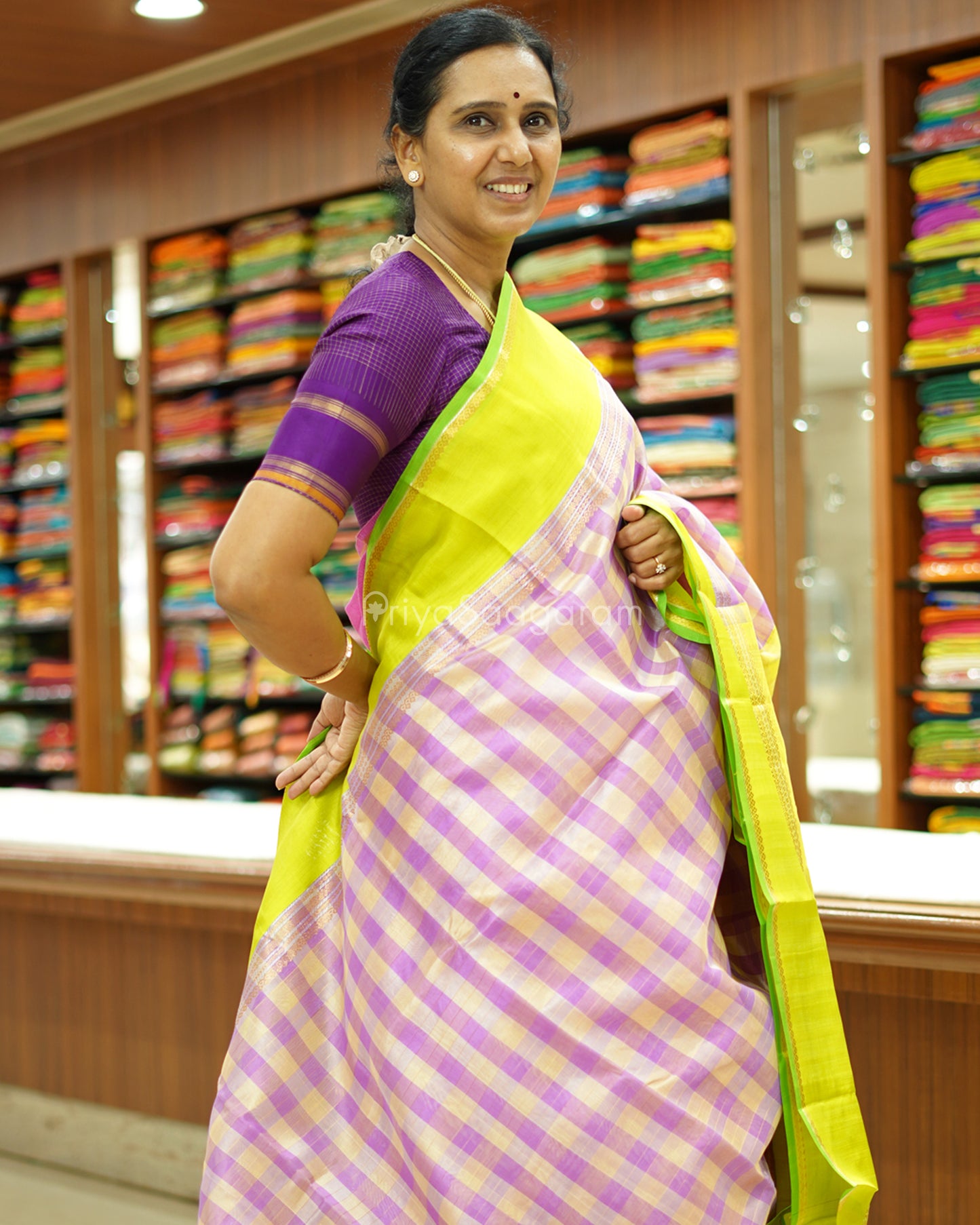 Lavender Checked Gadwal Silk Cotton - PD1426