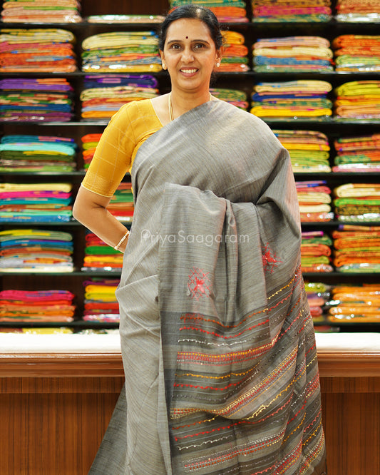 Dark Grey Multicolor Embroidery Tussar - PD1388