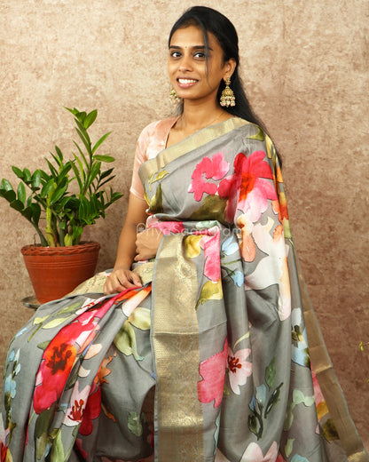 Dark Grey Floral Chiniya Silk - PD990