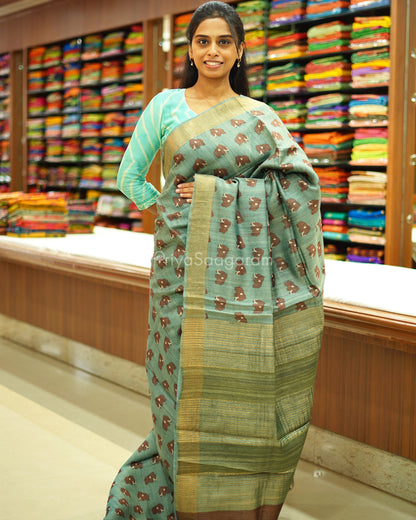 Green Elephant Printed Tussar - PD528