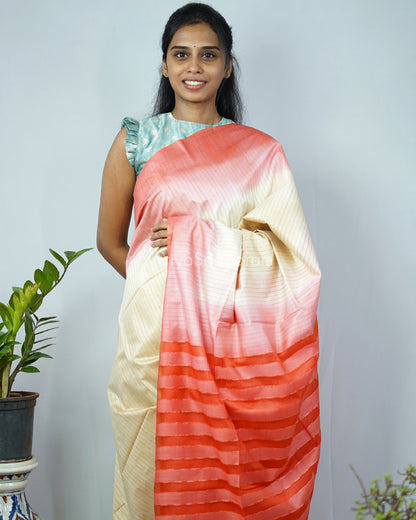 Cream Peach Red Tussar Organza - PD1216