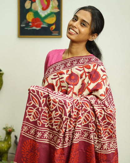 Maroon Floral Blockprint Pure Cotton - PD305