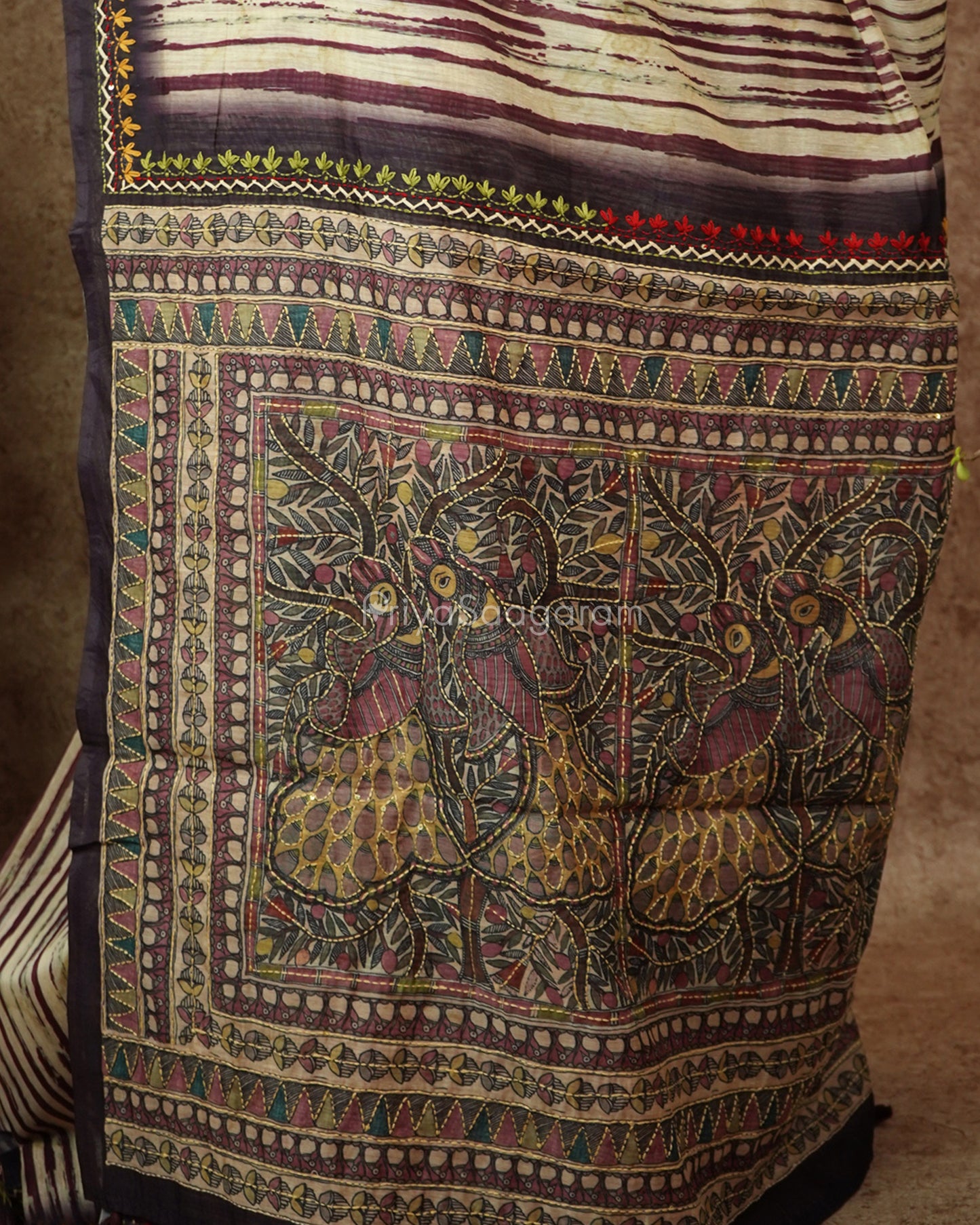 Cream Purple Embroidery Chanderi - PD714