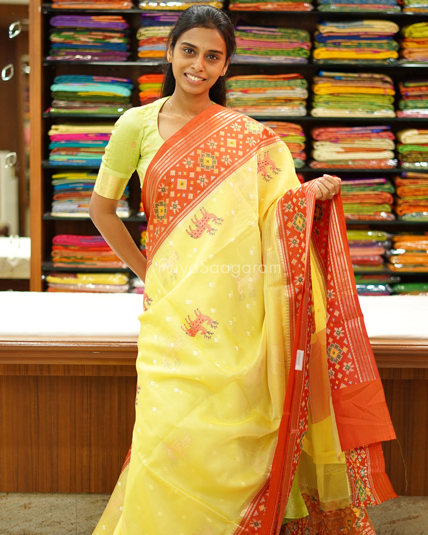 Yellow Wildlife Embroidery Silk Kota - PD741