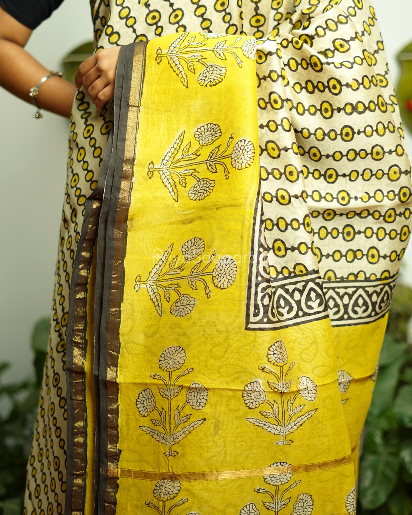 Black Yellow Bagru Print Chanderi - PD366