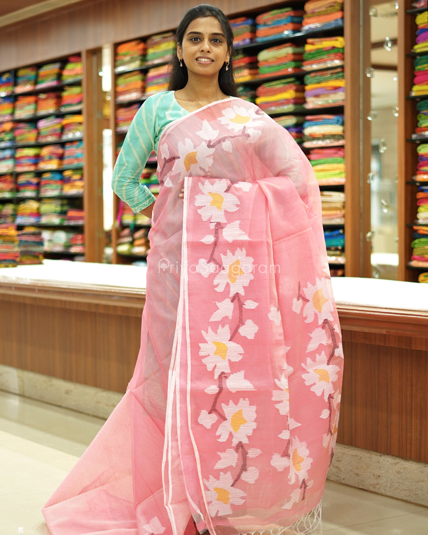 Baby Pink Jamdani Muslin Organza - PD252