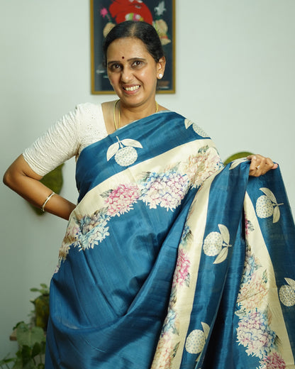 Cobalt Blue Floral Embroidery Tussar - PD799