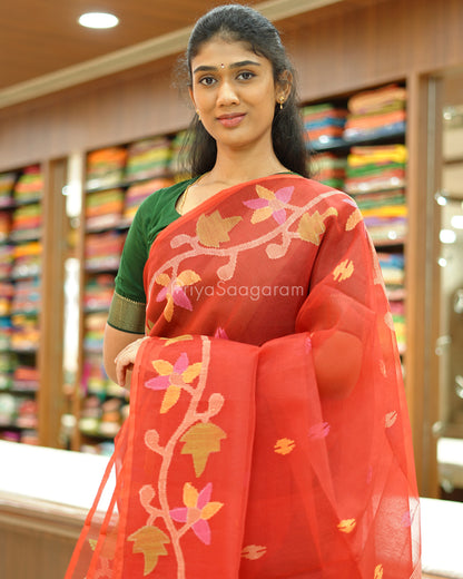Bright Red Jamdani Muslin Organza - PD256