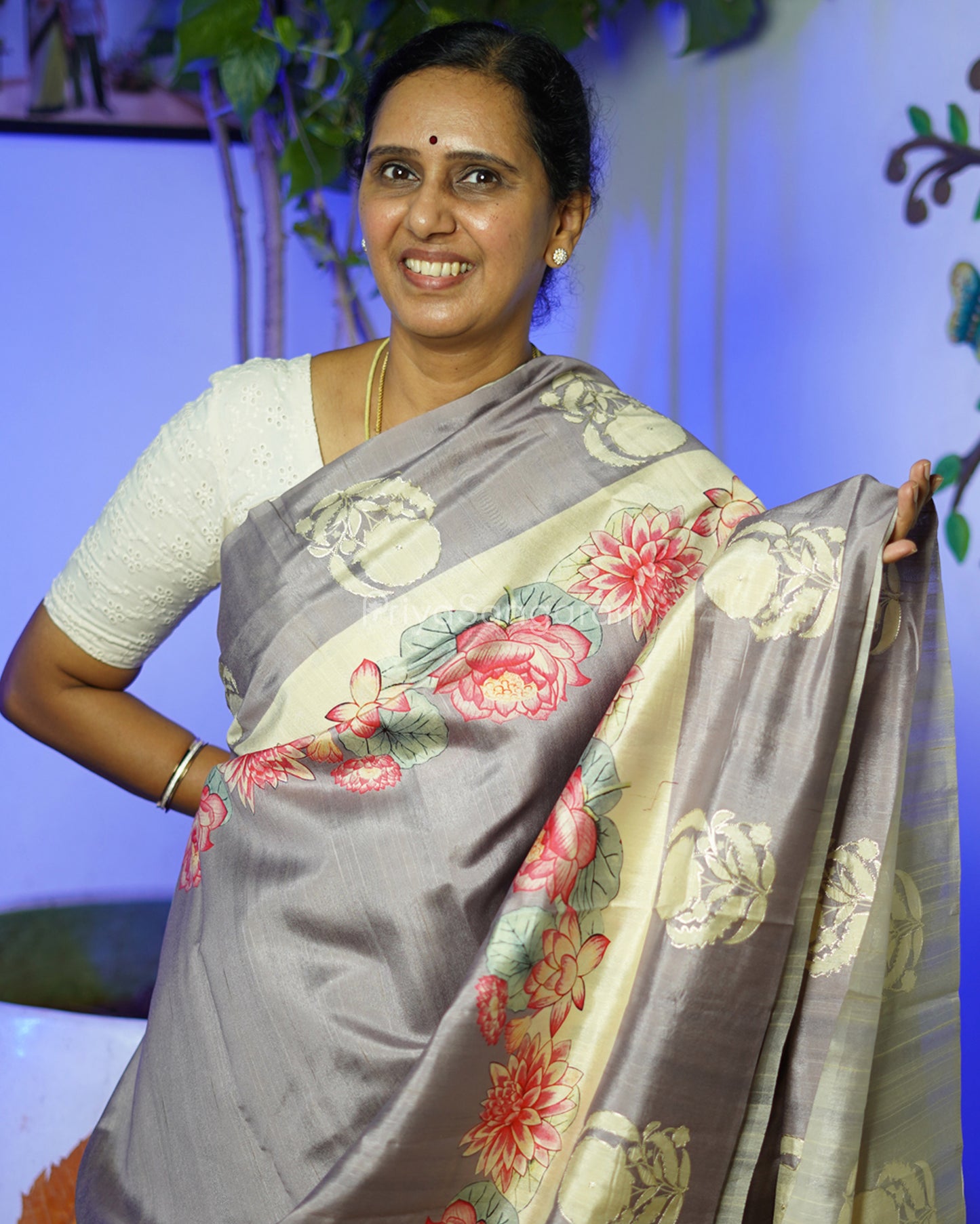 Grey Floral Embroidery Tussar - PD800