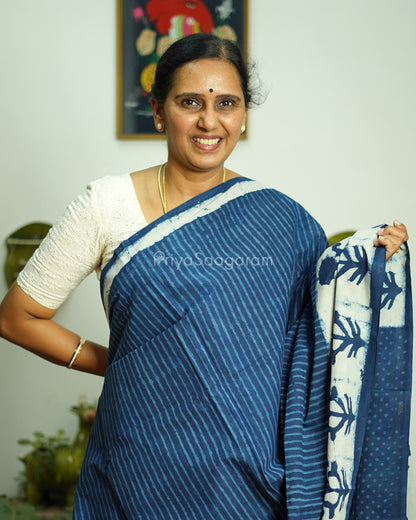 Indigo Striped Blockprint Pure Cotton - PD371