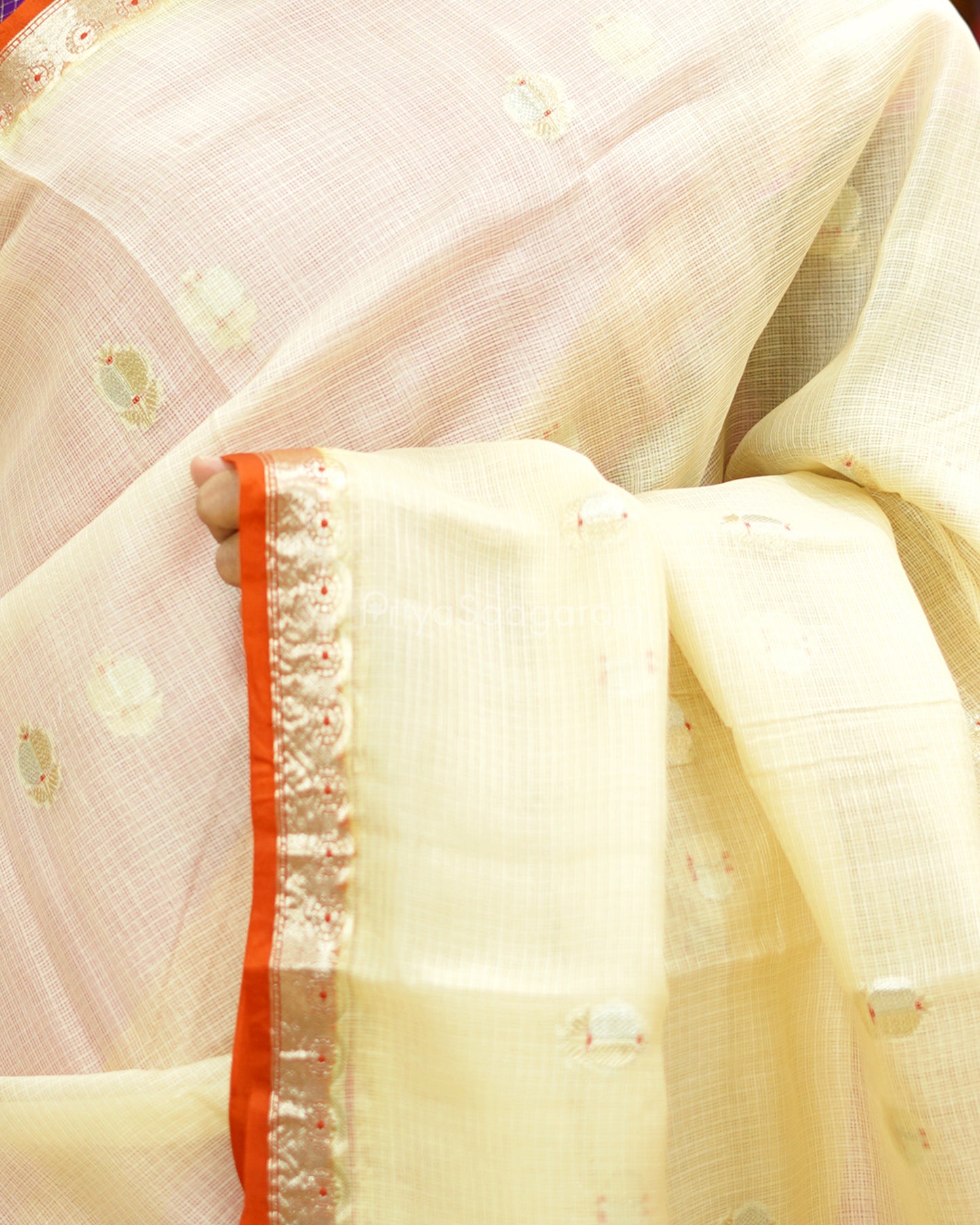 Cream Contrast Orange Silk Kota - PD1052