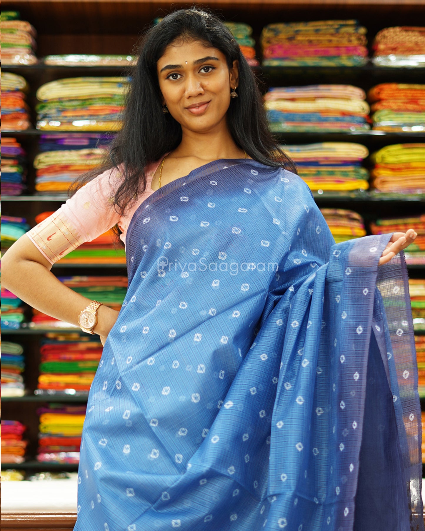Light and Dark Blue Bandhini Tussar Organza - PD1195