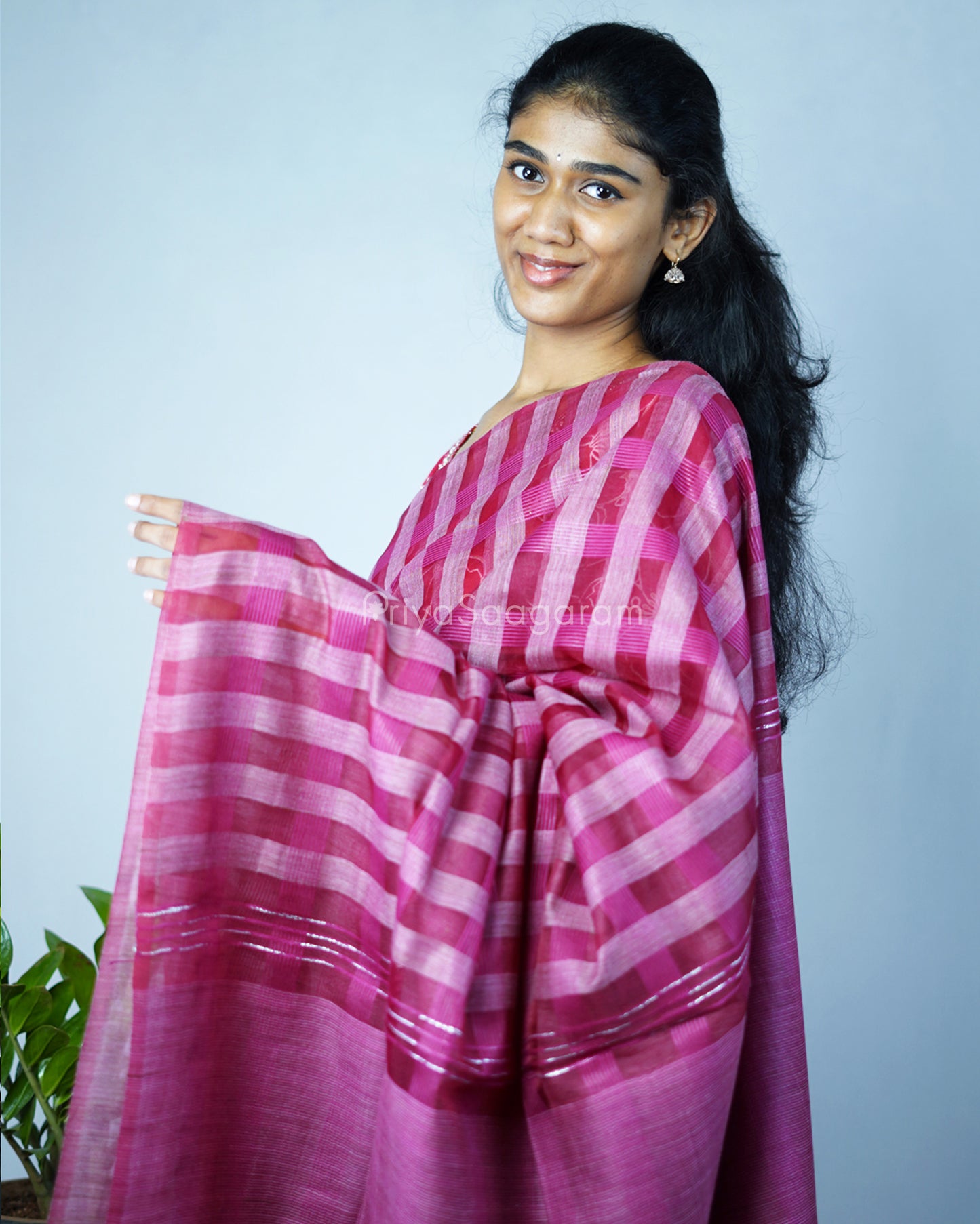 Dark Pink Checked Tussar Organza - PD1205