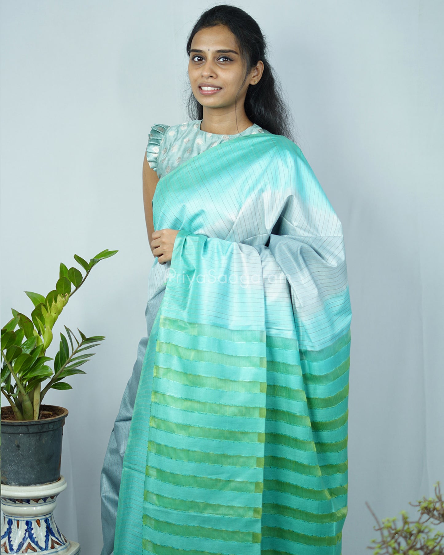 Grey Turquoise Blue Tussar Organza - PD1218
