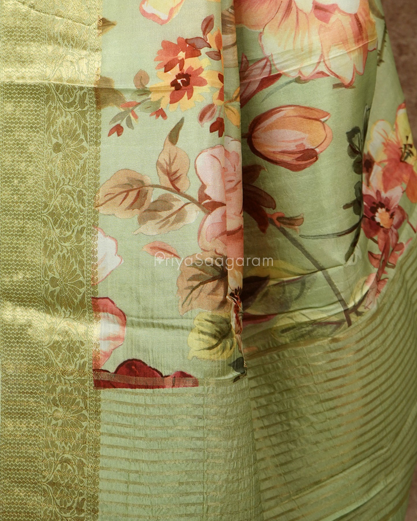 Light Green Floral Chiniya Silk - PD987