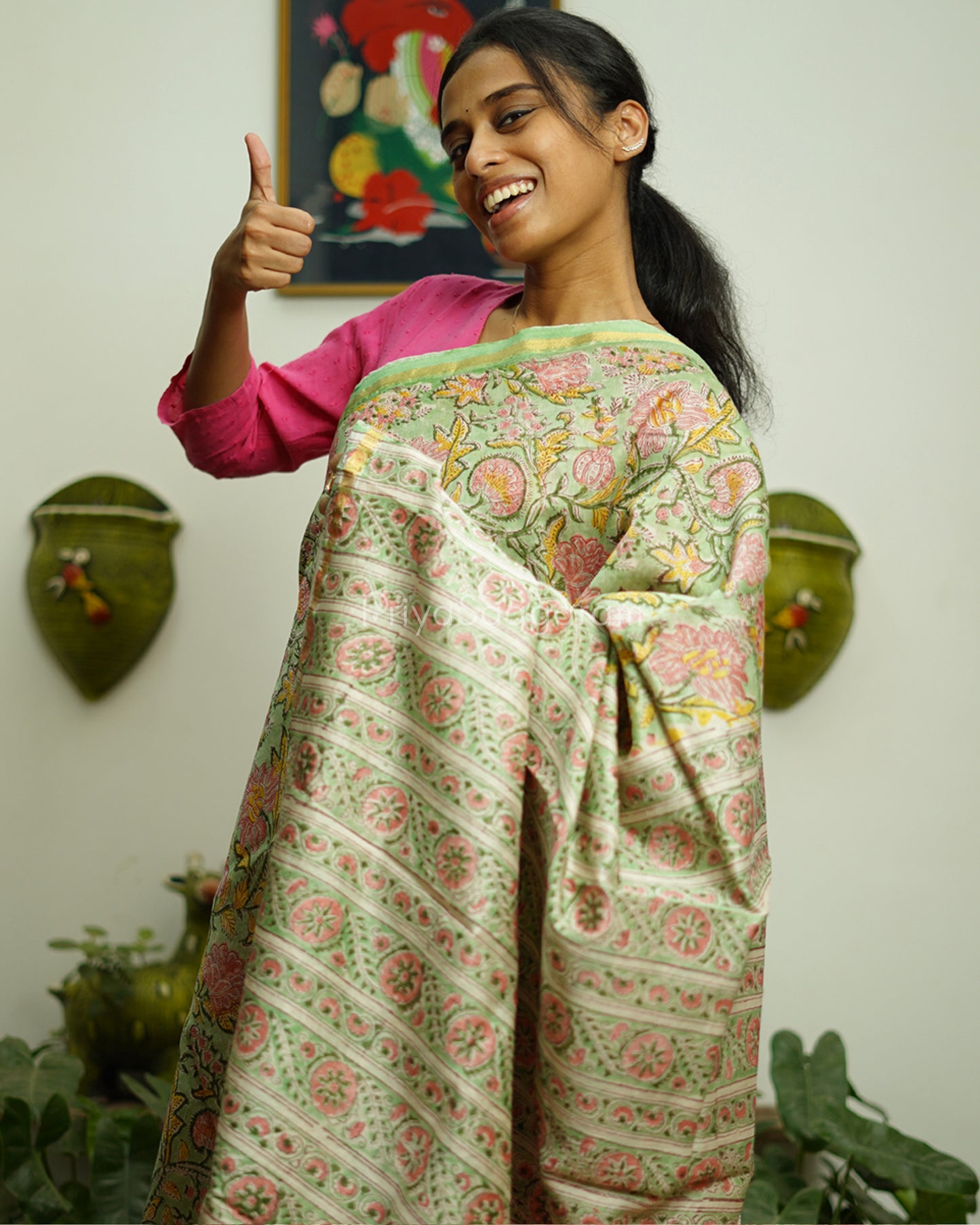 Green Floral Blockprint Chanderi - PD368