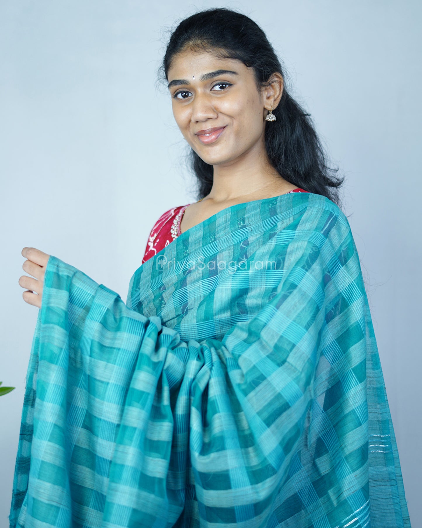 Sea Green Checked Tussar Organza - PD1204