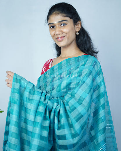 Sea Green Checked Tussar Organza - PD1204