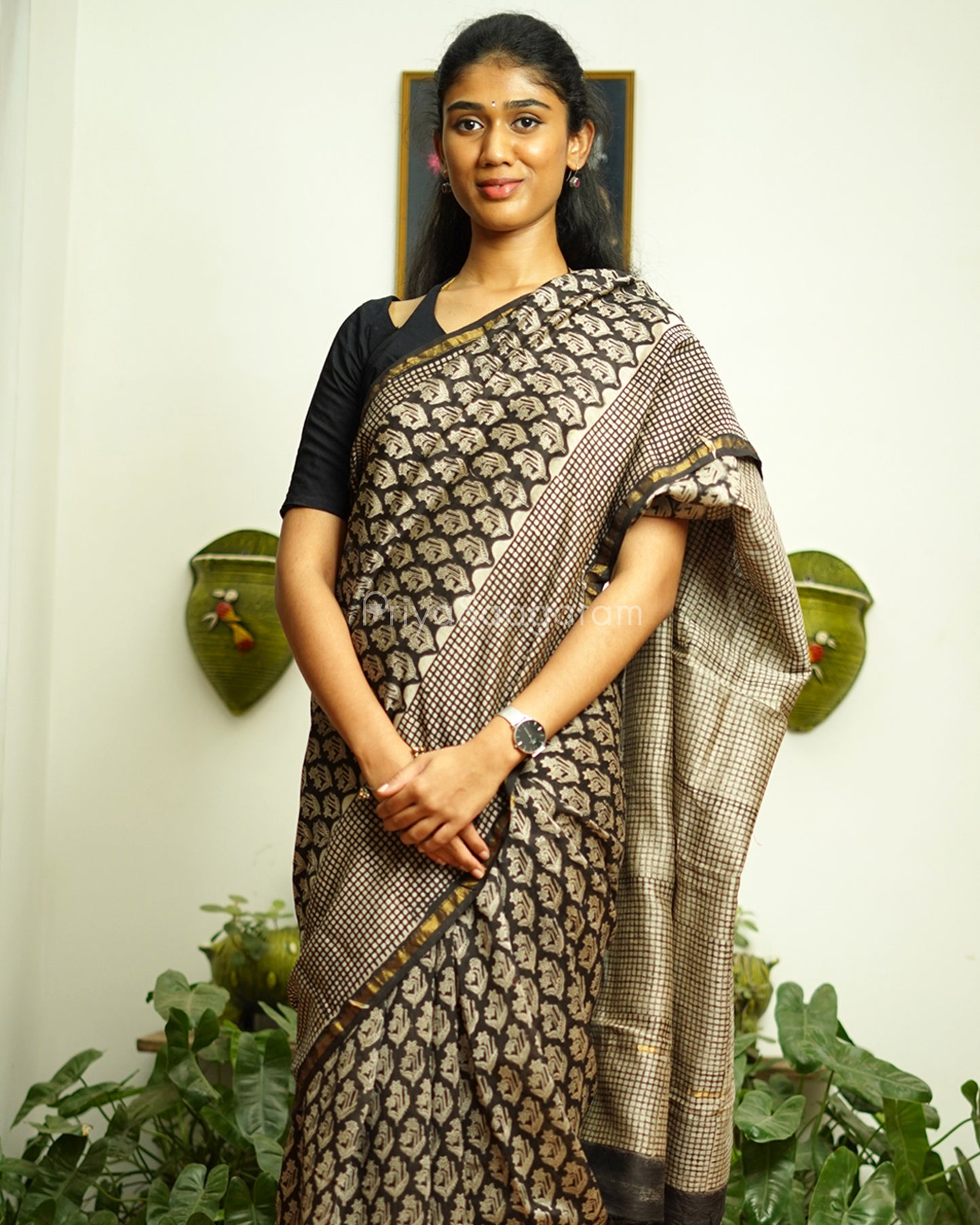 Black Floral Bagru Print Chanderi - PD365