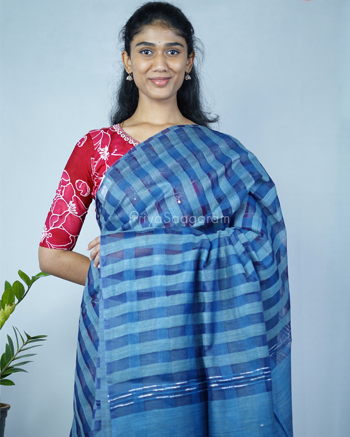 Dark Blue Checked Tussar Organza - PD1202