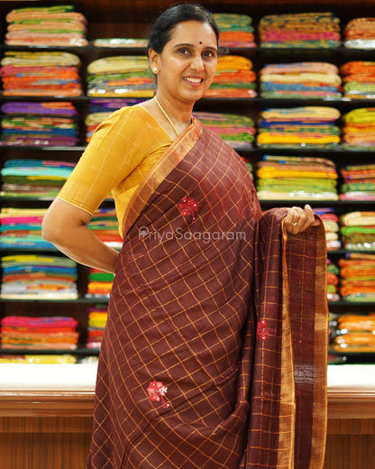 Coffee Brown Checked Embroidery Tussar - PD1351