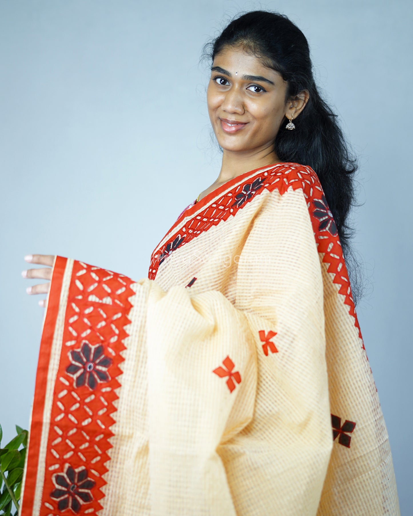 Mustard Red Applique Cotton Kota - PD1420