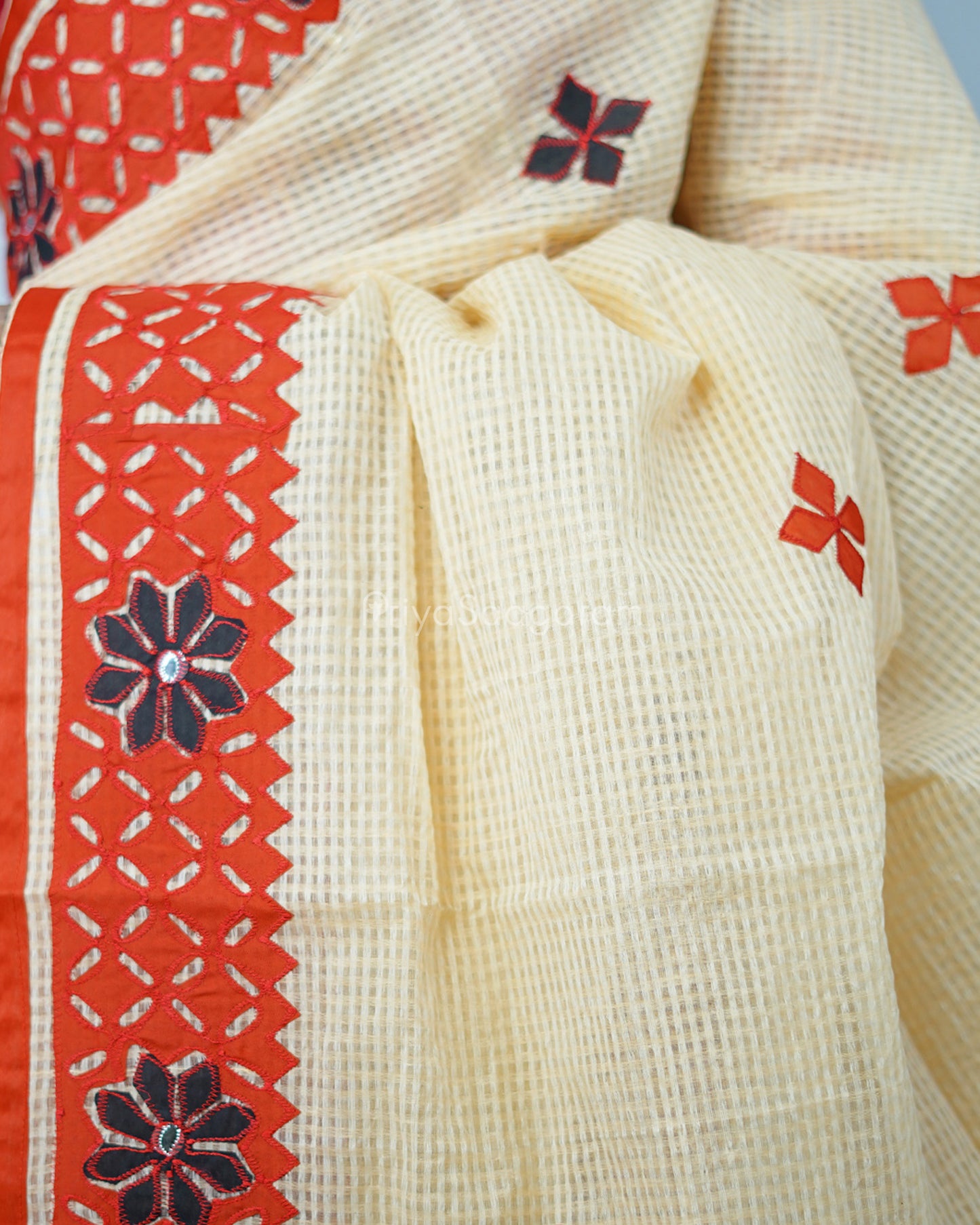 Mustard Red Applique Cotton Kota - PD1420