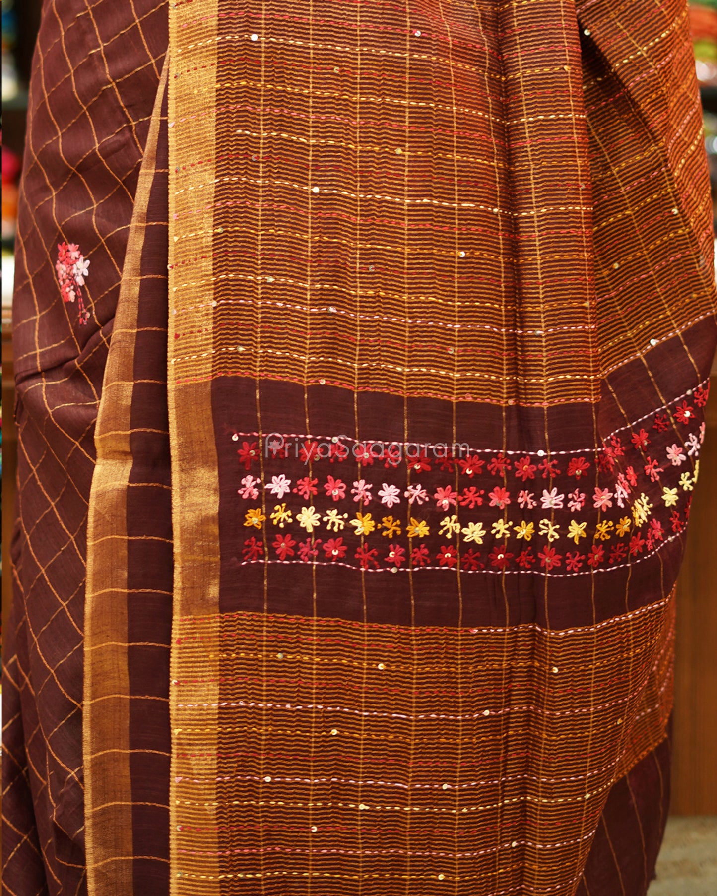 Coffee Brown Checked Embroidery Tussar - PD1351