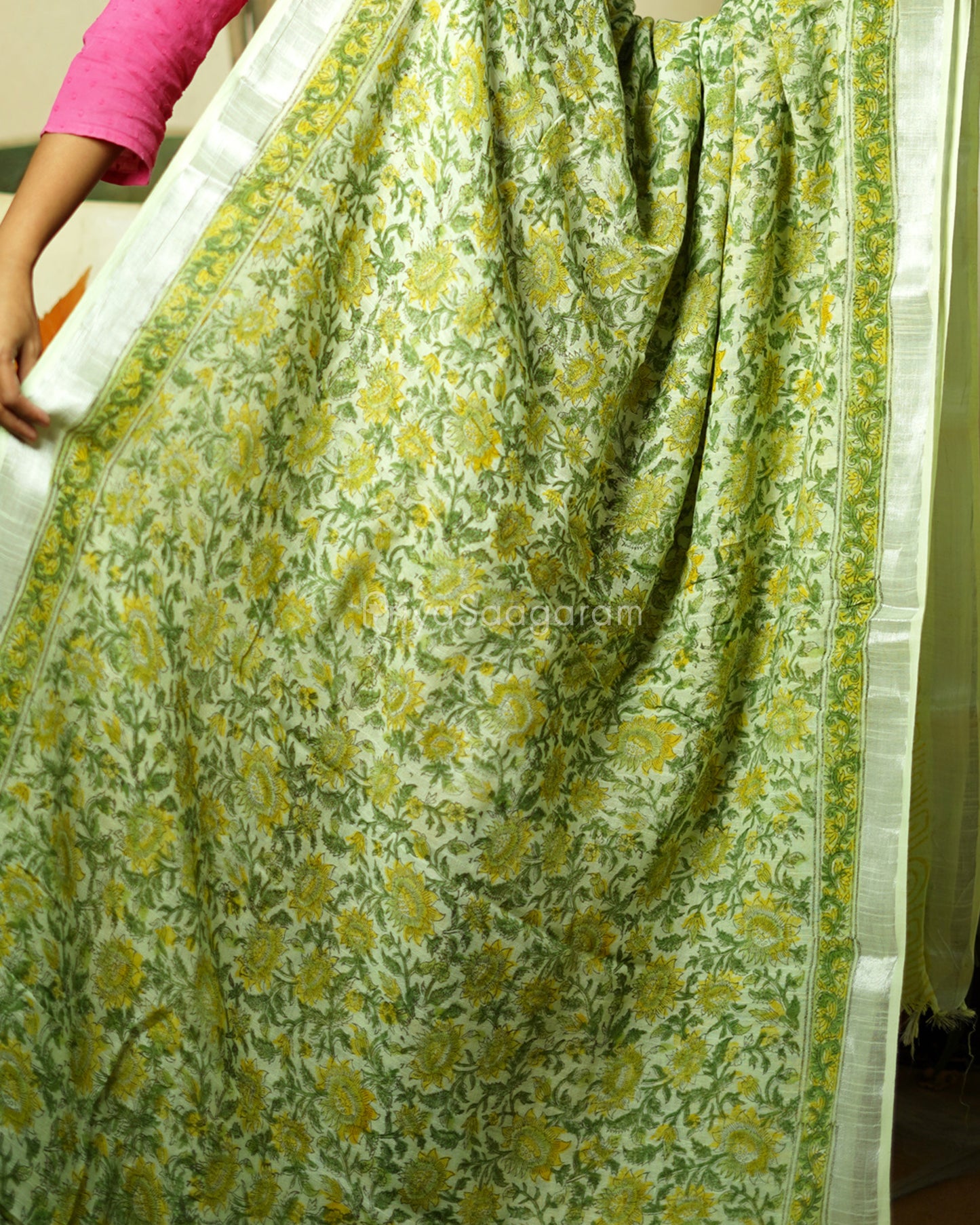 Green Floral Blockprint Linen - PC2751
