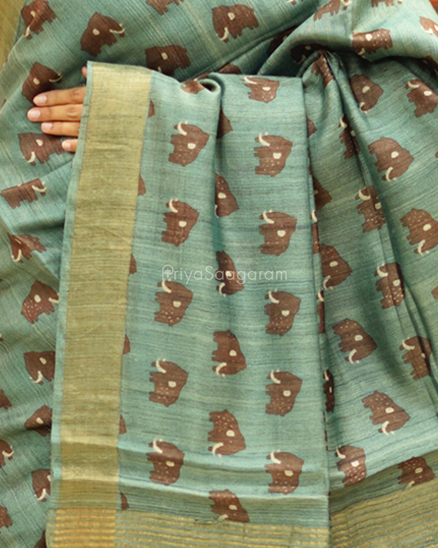 Green Elephant Printed Tussar - PD528