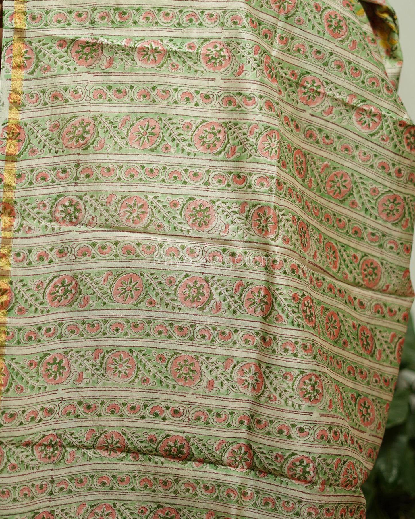 Green Floral Blockprint Chanderi - PD368