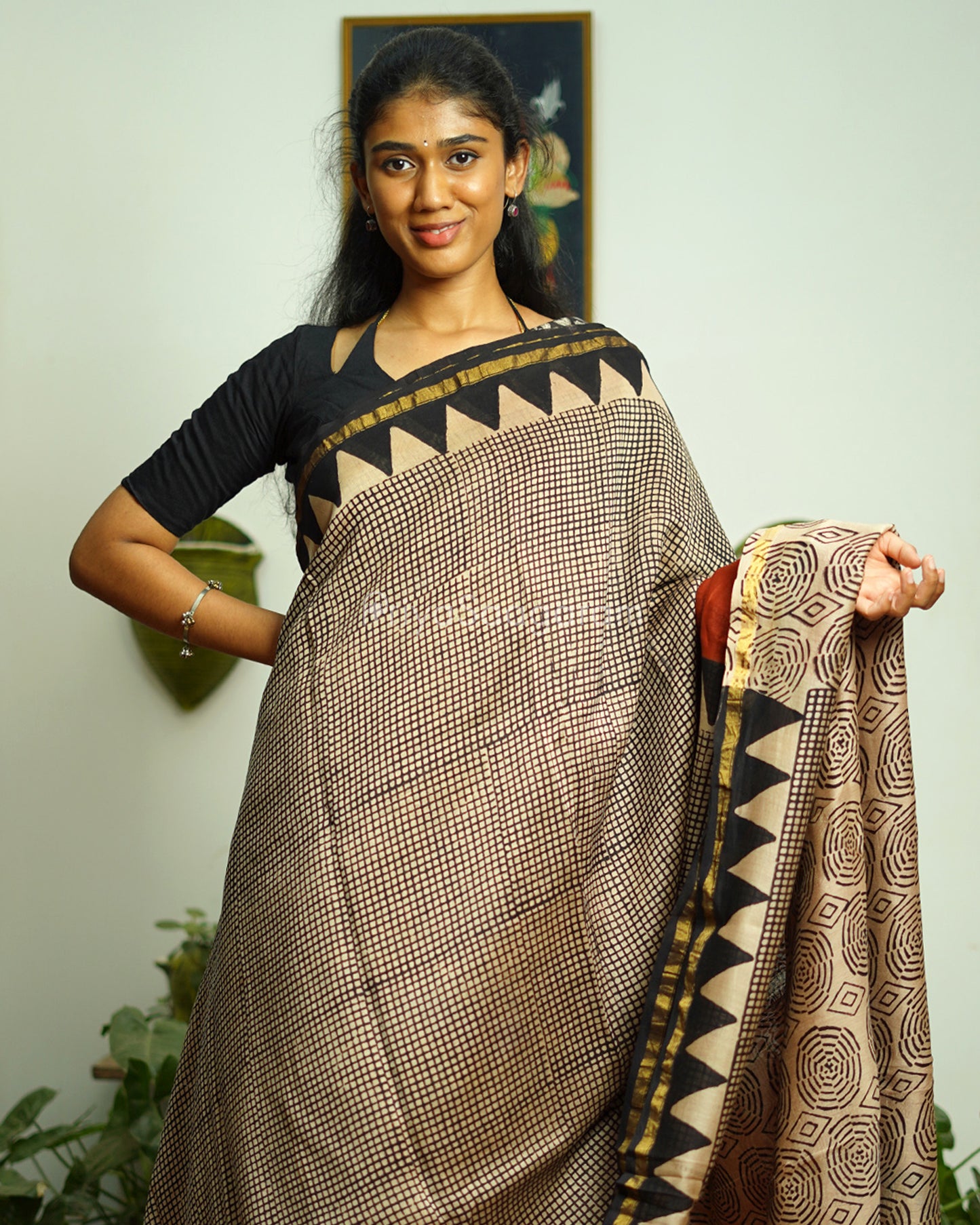 Black Checked Bagru Print Chanderi - PD363