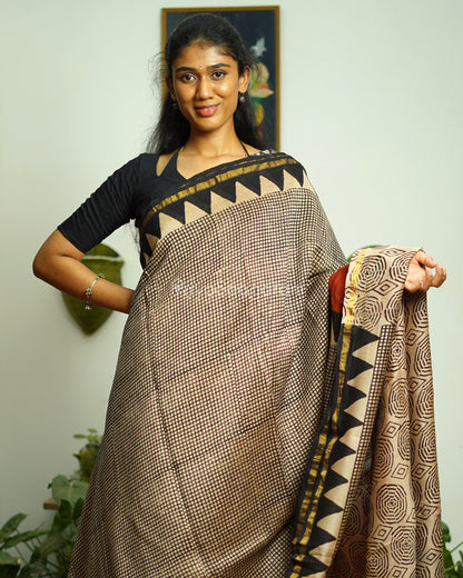 Black Checked Bagru Print Chanderi - PD363