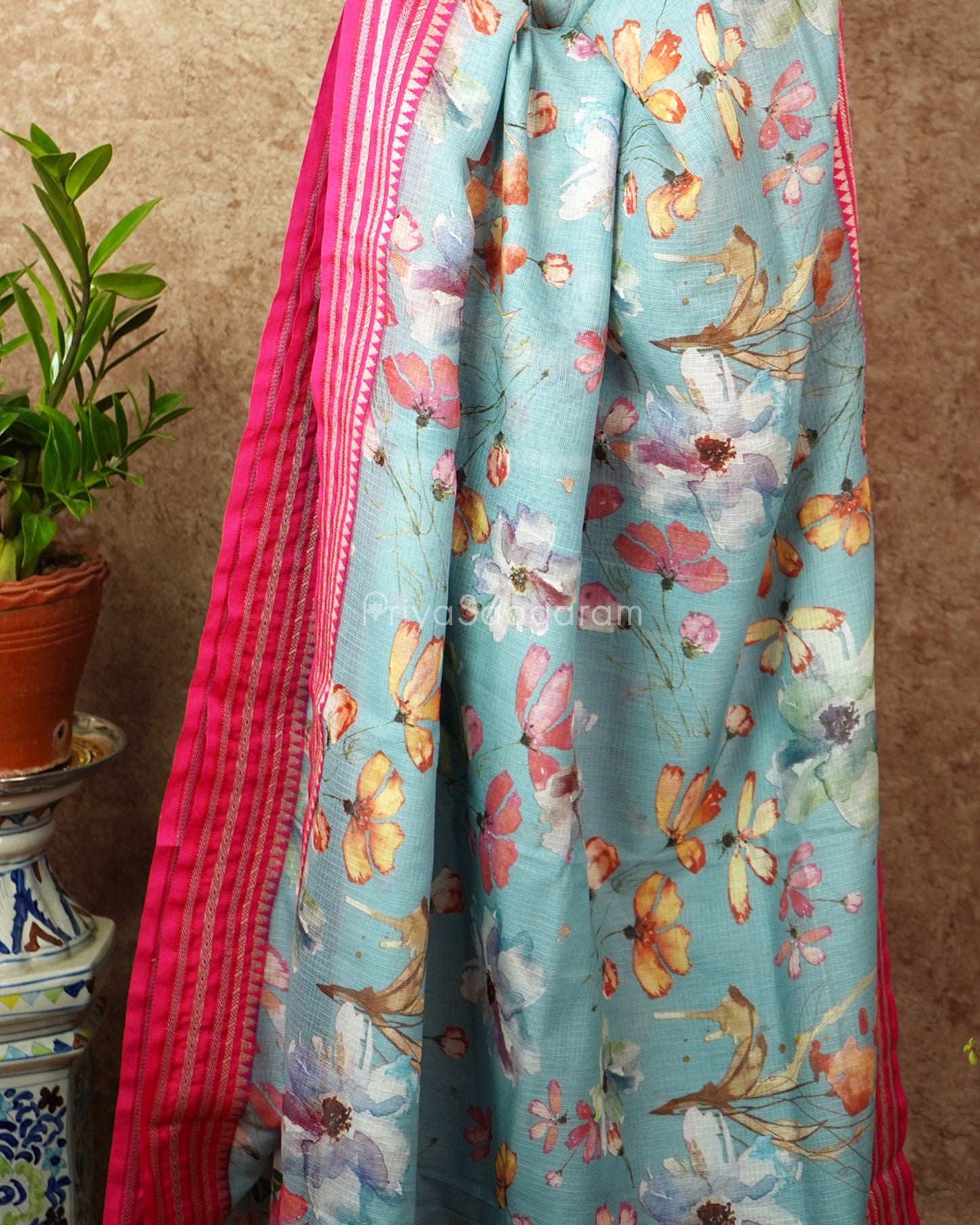 Blue Pink Silk Cotton Kota - PD834