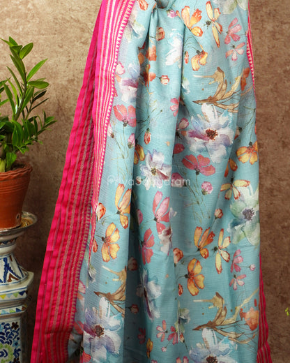 Blue Pink Silk Cotton Kota - PD834