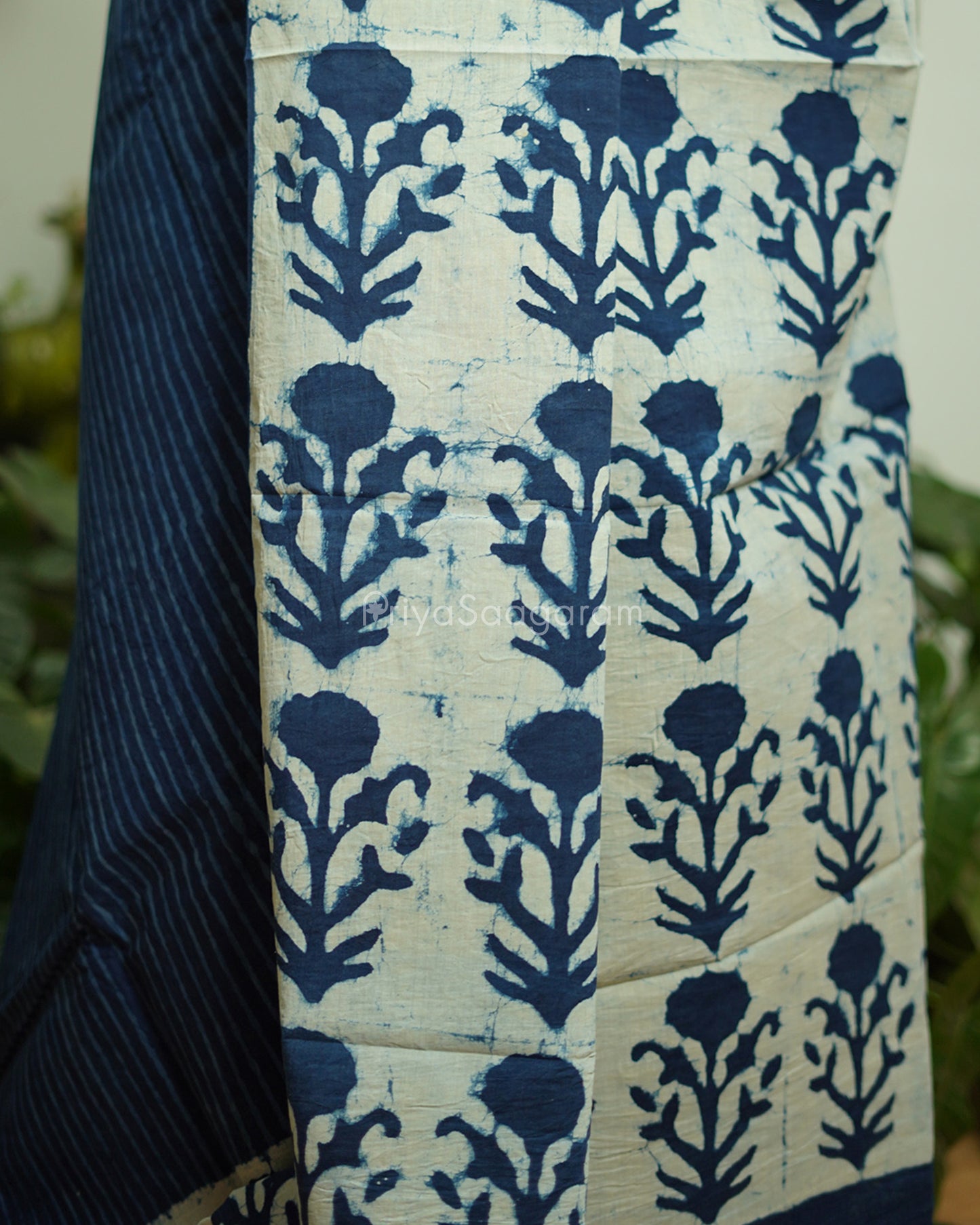 Indigo Striped Blockprint Pure Cotton - PD371