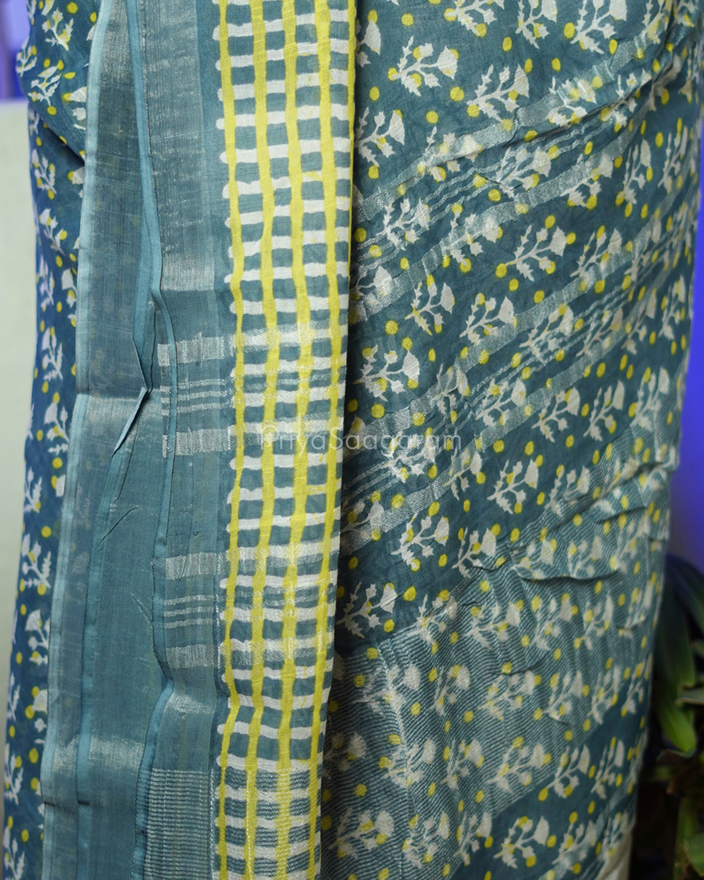 Blue Grey Floral Blockprint Linen - PD264